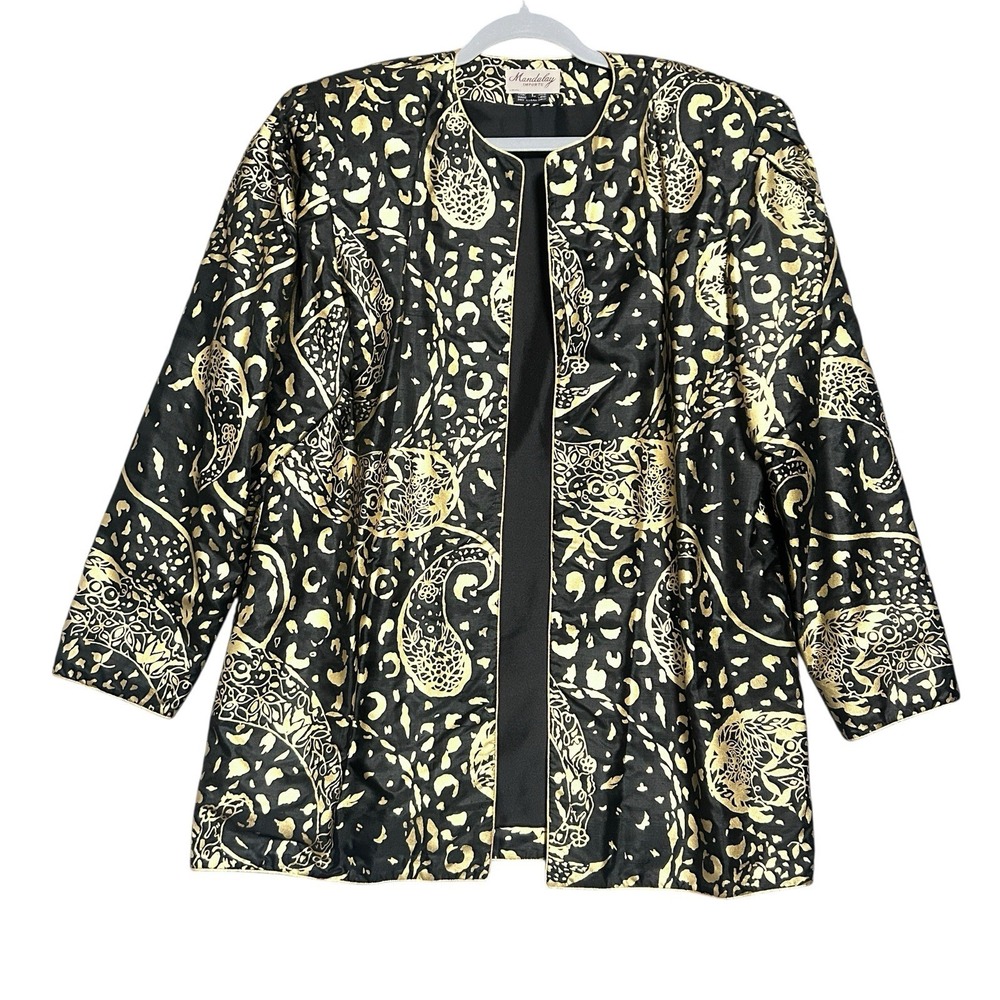 Vintage Mandalay Womens L Blazer Gold Print Maximalist Festival‎ Career AOP